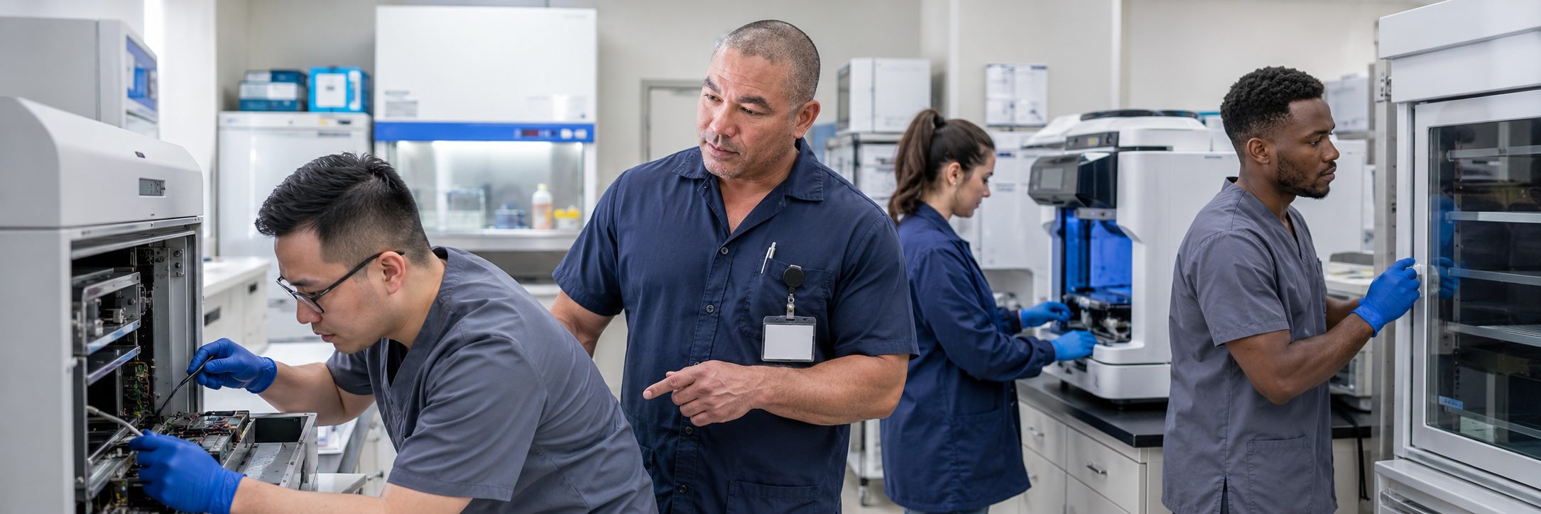 Infusion pump preventive maintenance and calibration | BiomedRx HTM services Biomedical technicians performing infusion pump preventive maintenance in an infusion suite