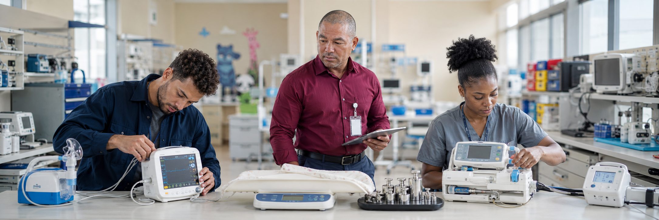 Operating room surgical light inspection and service | BiomedRx HTM services HTM technicians inspecting operating room surgical lights during scheduled service